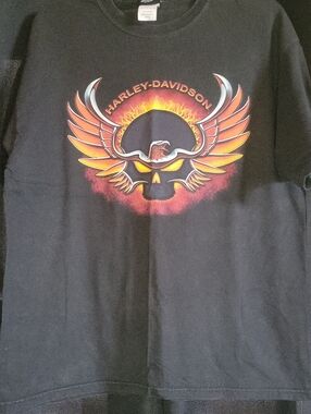 Harley-Davidson Black Tee with Orange and Yellow Winged Skull Graphic